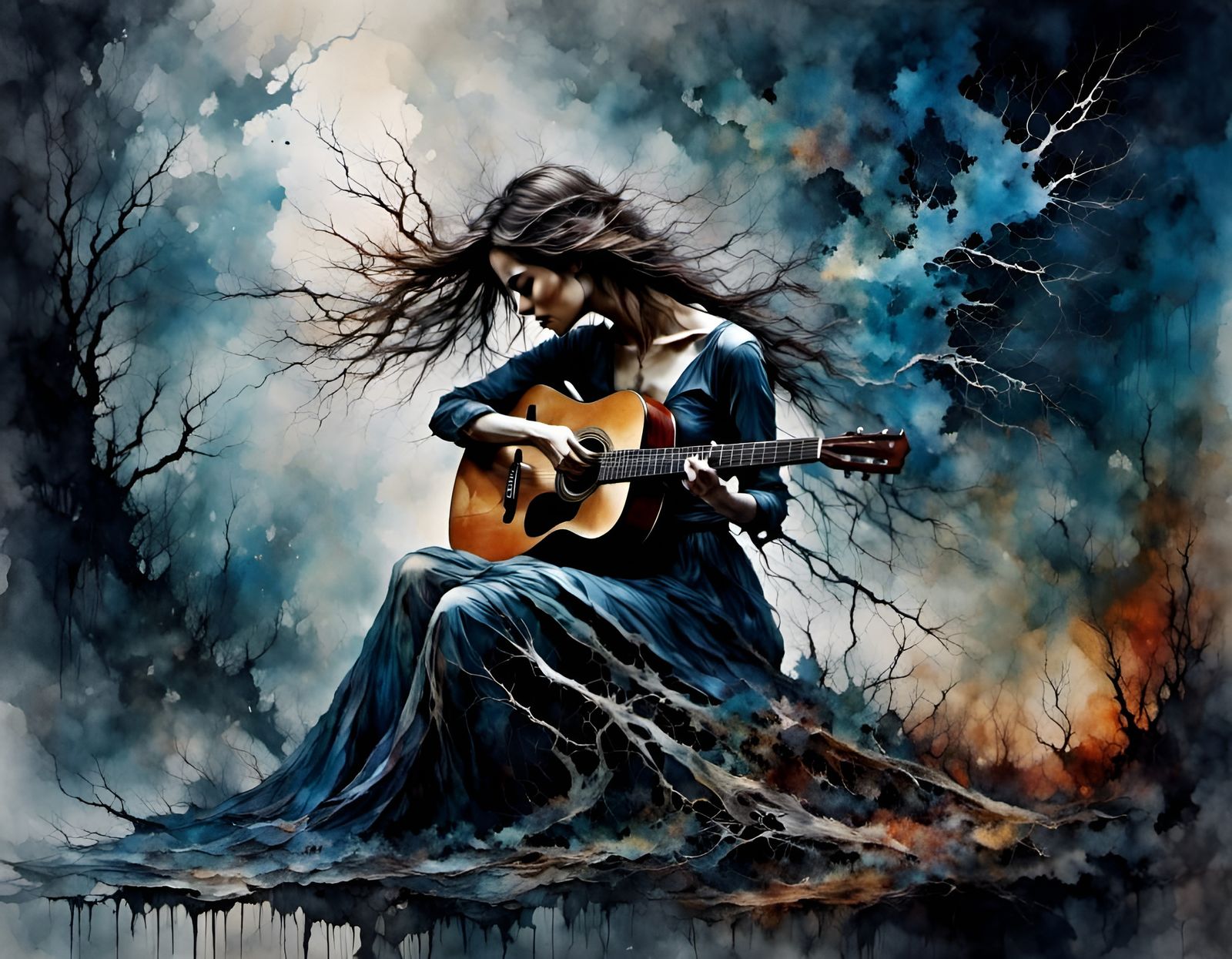 Lonely Girl Plays Guitar in Apocalyptic Landscape