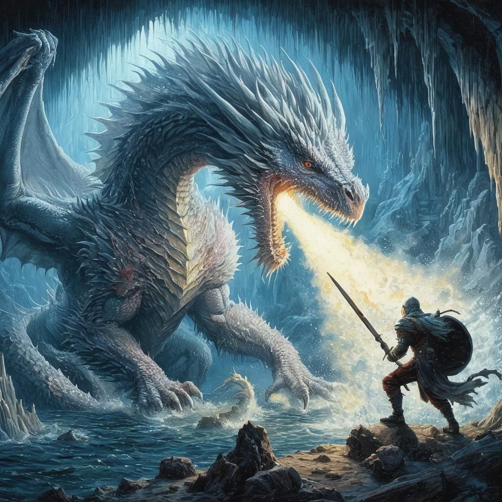 White Dragon's Icy Breath in Classic Fantasy Art