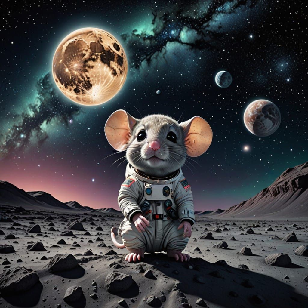 Chibi Mouse Lunar Adventure in Vibrant Celestial Landscape