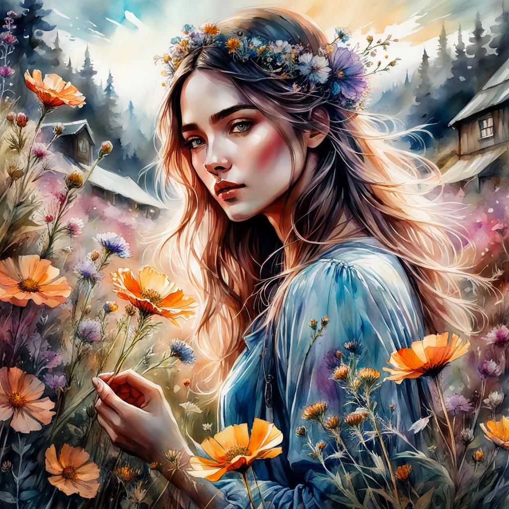 Girl Picking Wildflowers in Watercolor Style