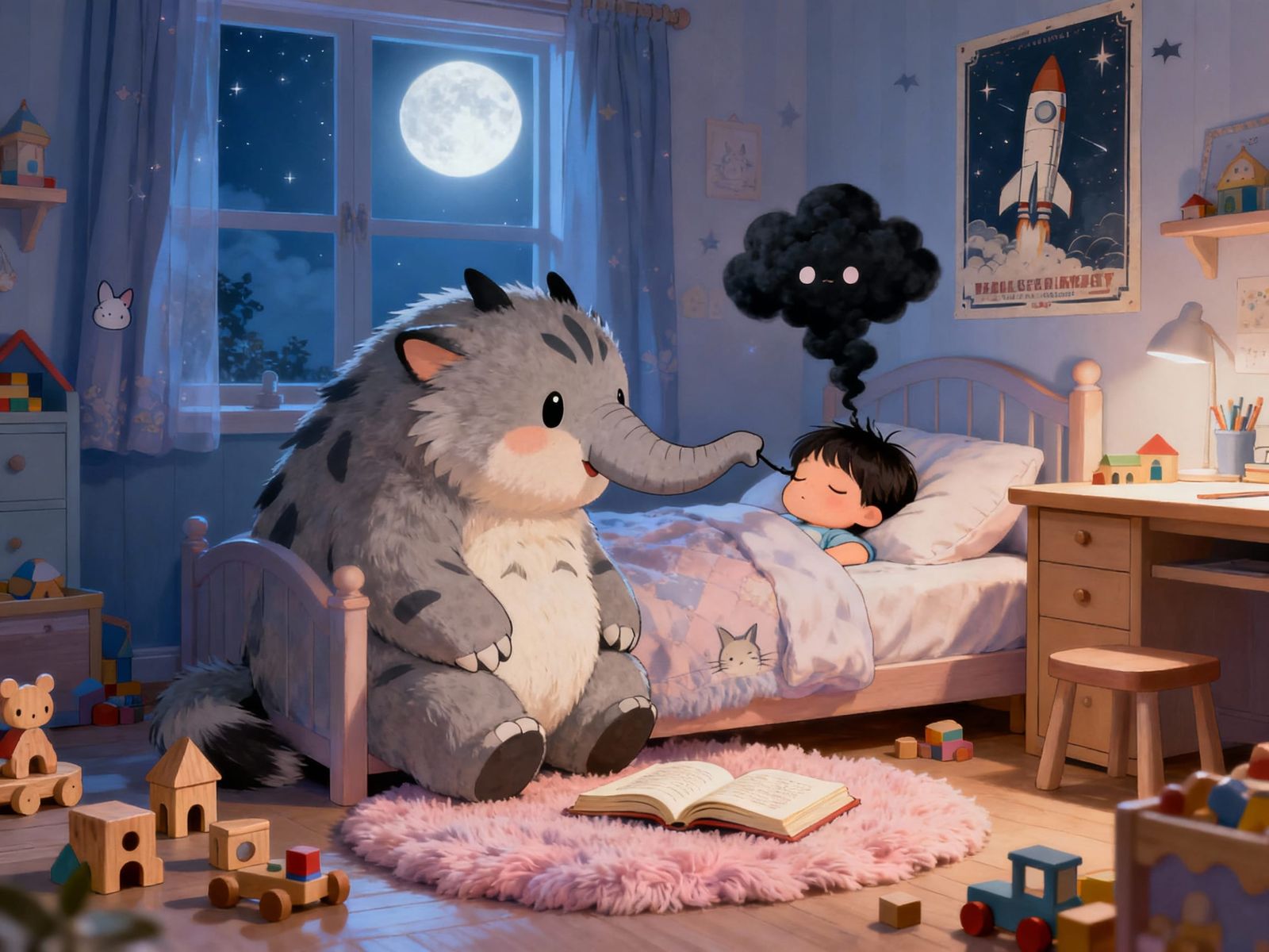 Baku Protects Sleeping Child From Nightmares in Ghibli Style