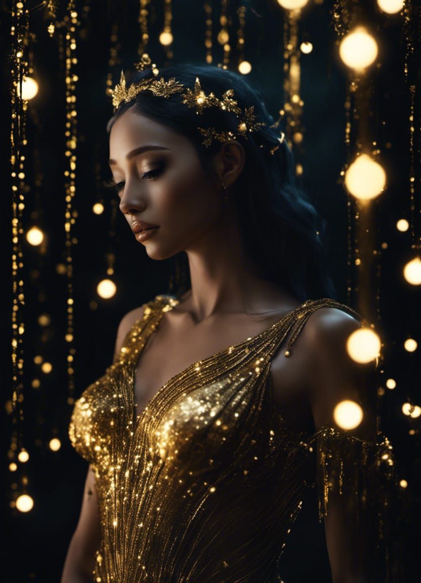 Nighttime Waterfall Fairy Portrait in Gold Light