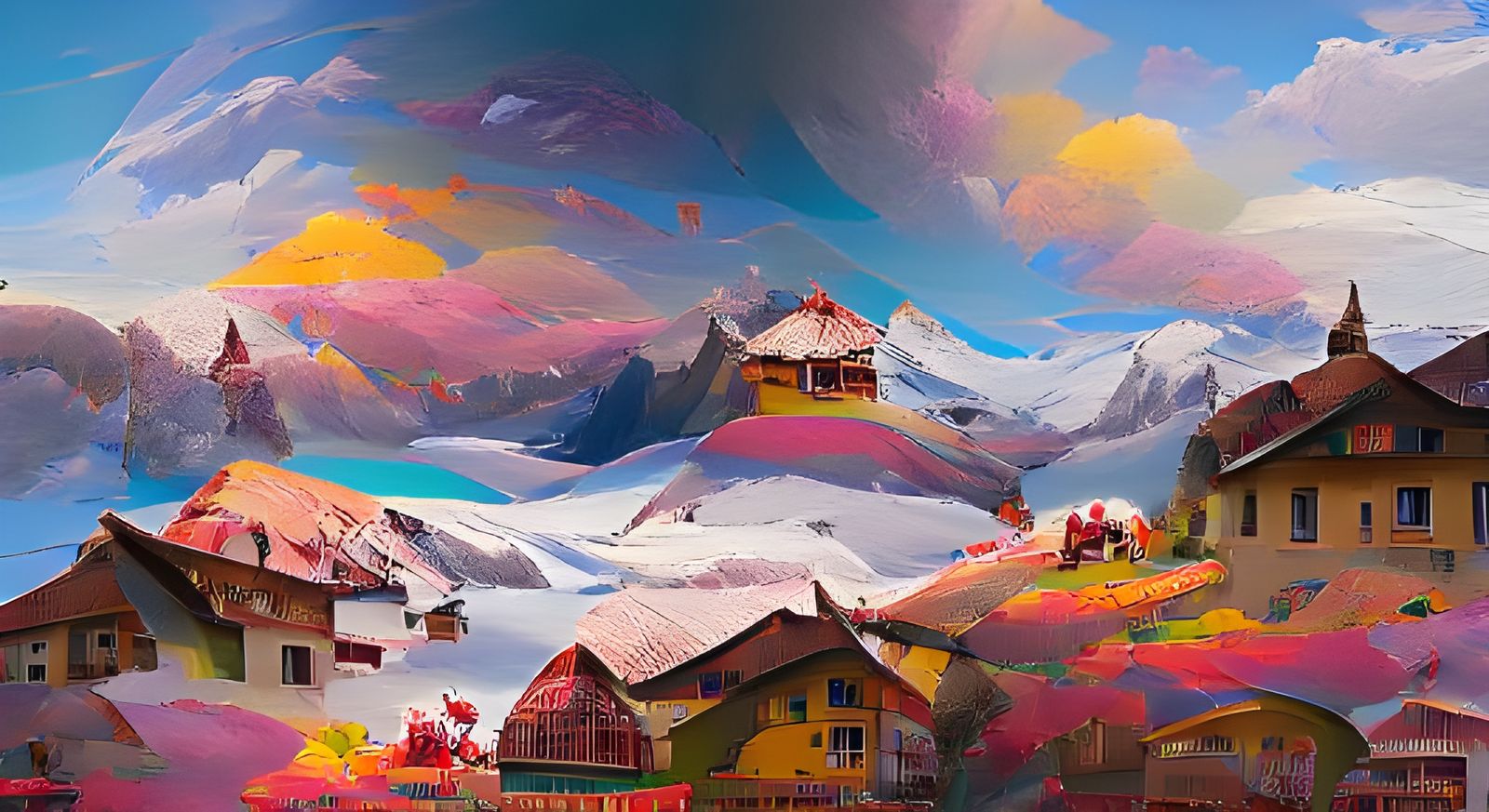 Swiss Mountain Village Panorama in Detailed Illustration Sty...