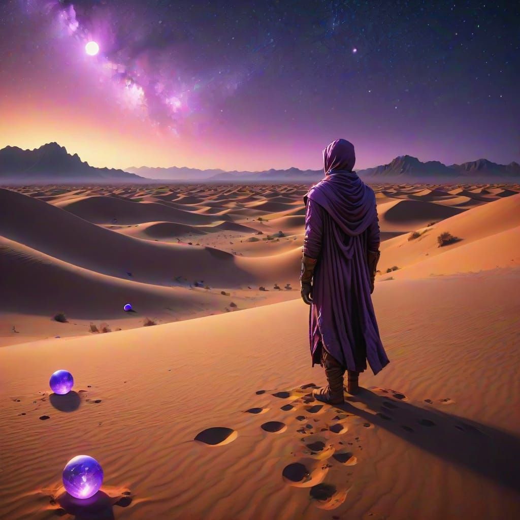 Human Figure Merging with Glowing Orbs in Desert