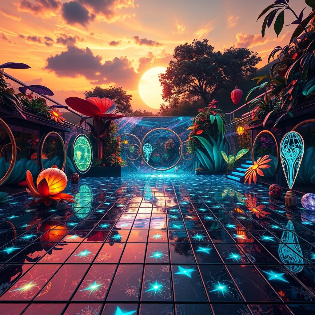 Dreamlike Disco Dancers in Labyrinth of Light, Evoking Klimt...