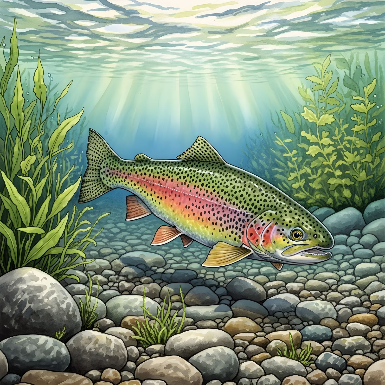 Realistic Trout in Underwater River, Watercolor