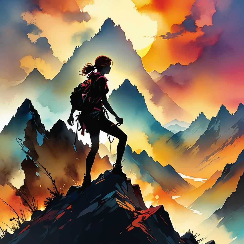 Silhouette Climber at Sunrise in Alcohol Ink Style