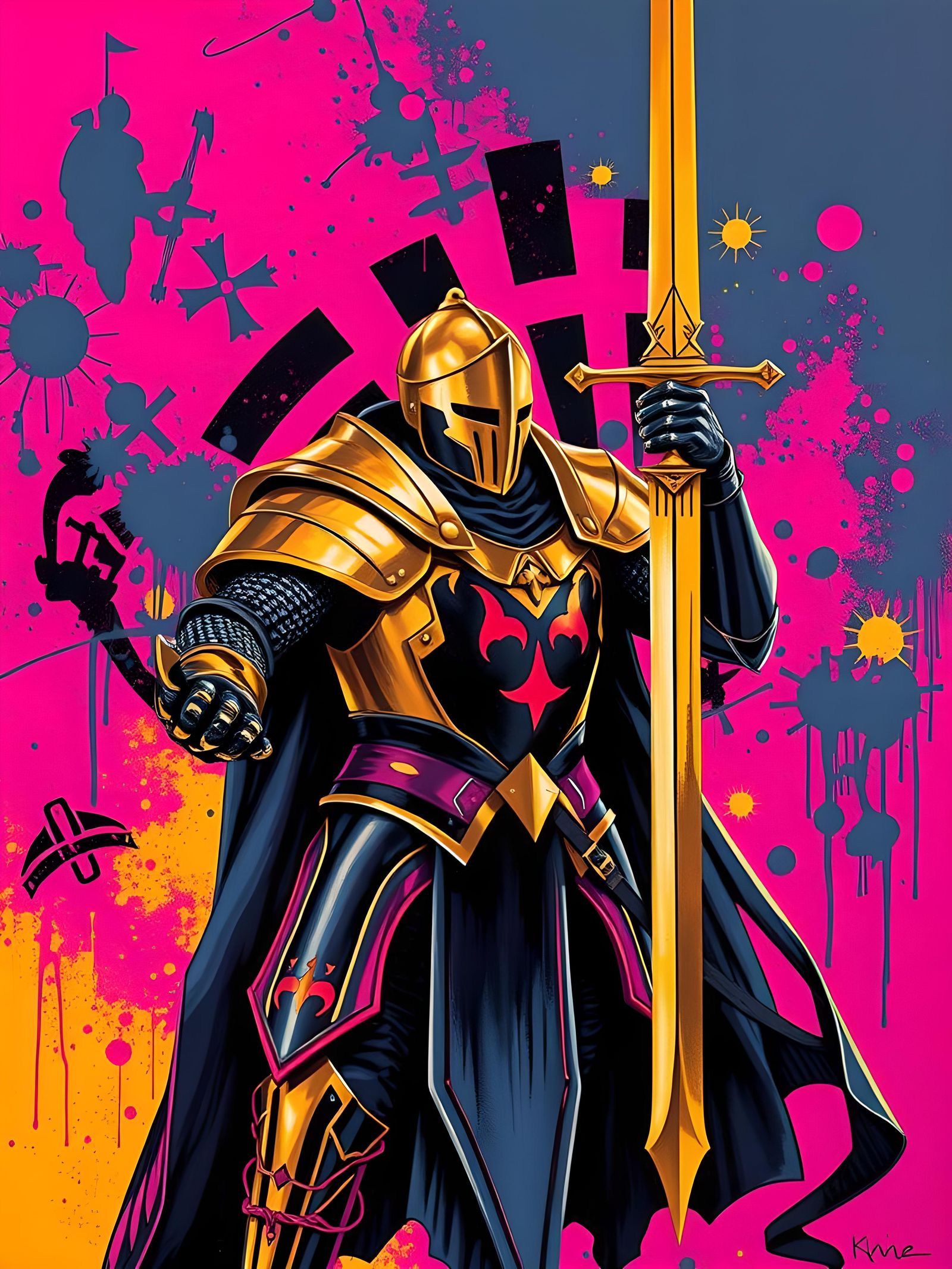 Black Knight with Golden Sword: Graffiti Art