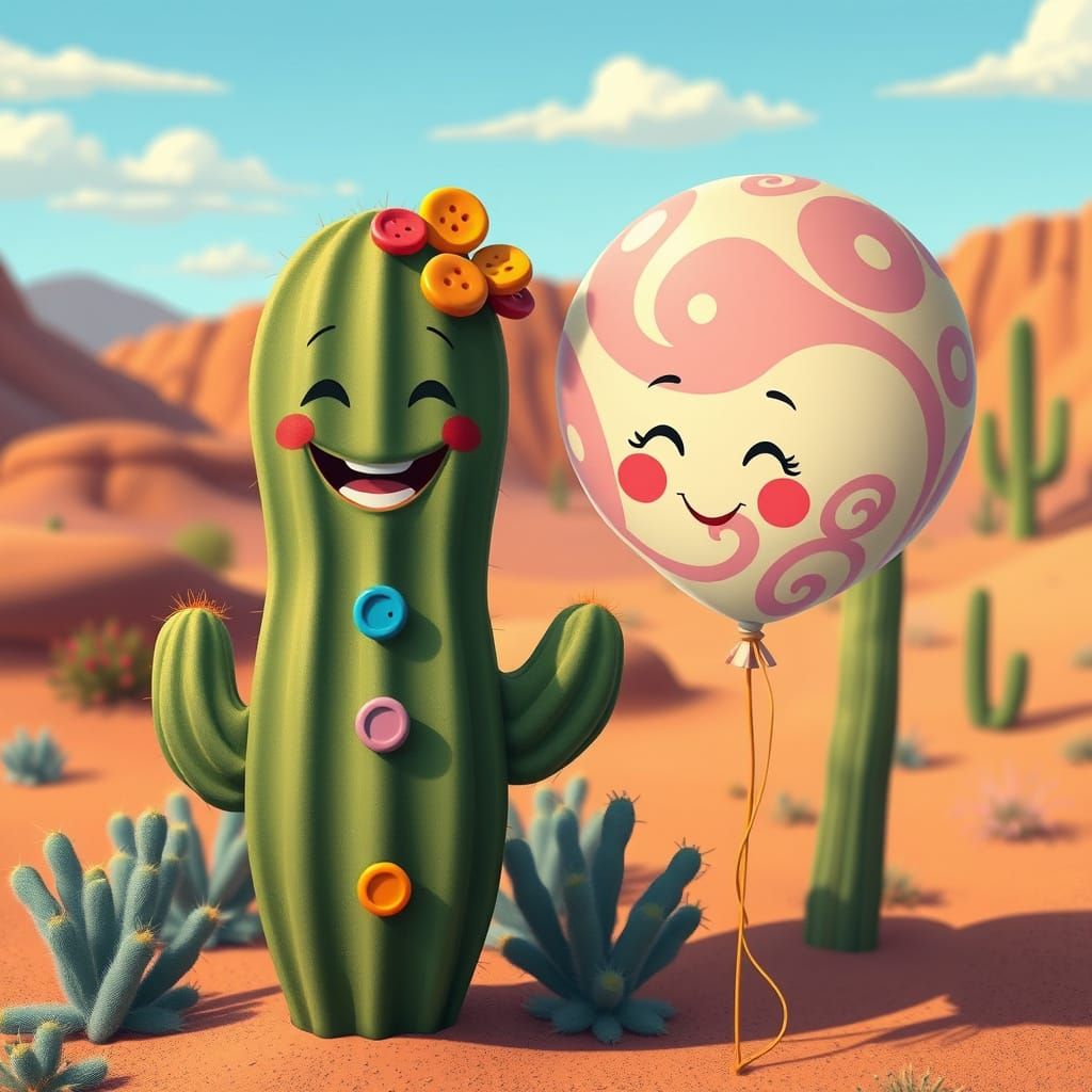 Whimsical Desert Friends: Cactus and Balloon