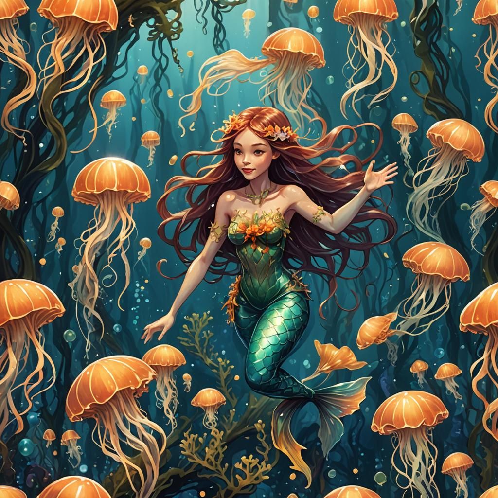 A mischievous mermaid swimming through a kelp forest filled ...