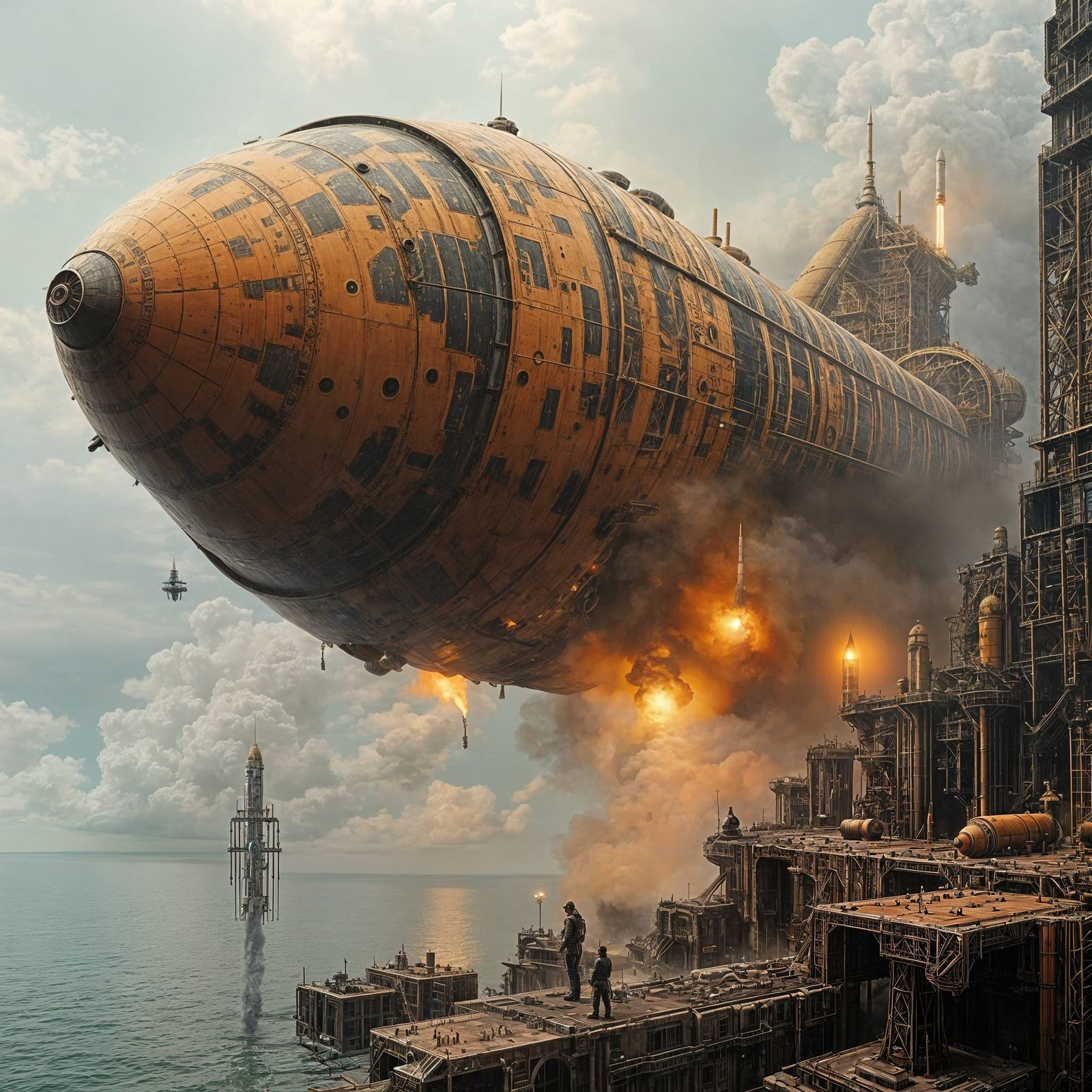 Steampunk Rocket Launch in Dark Oil Paint Style