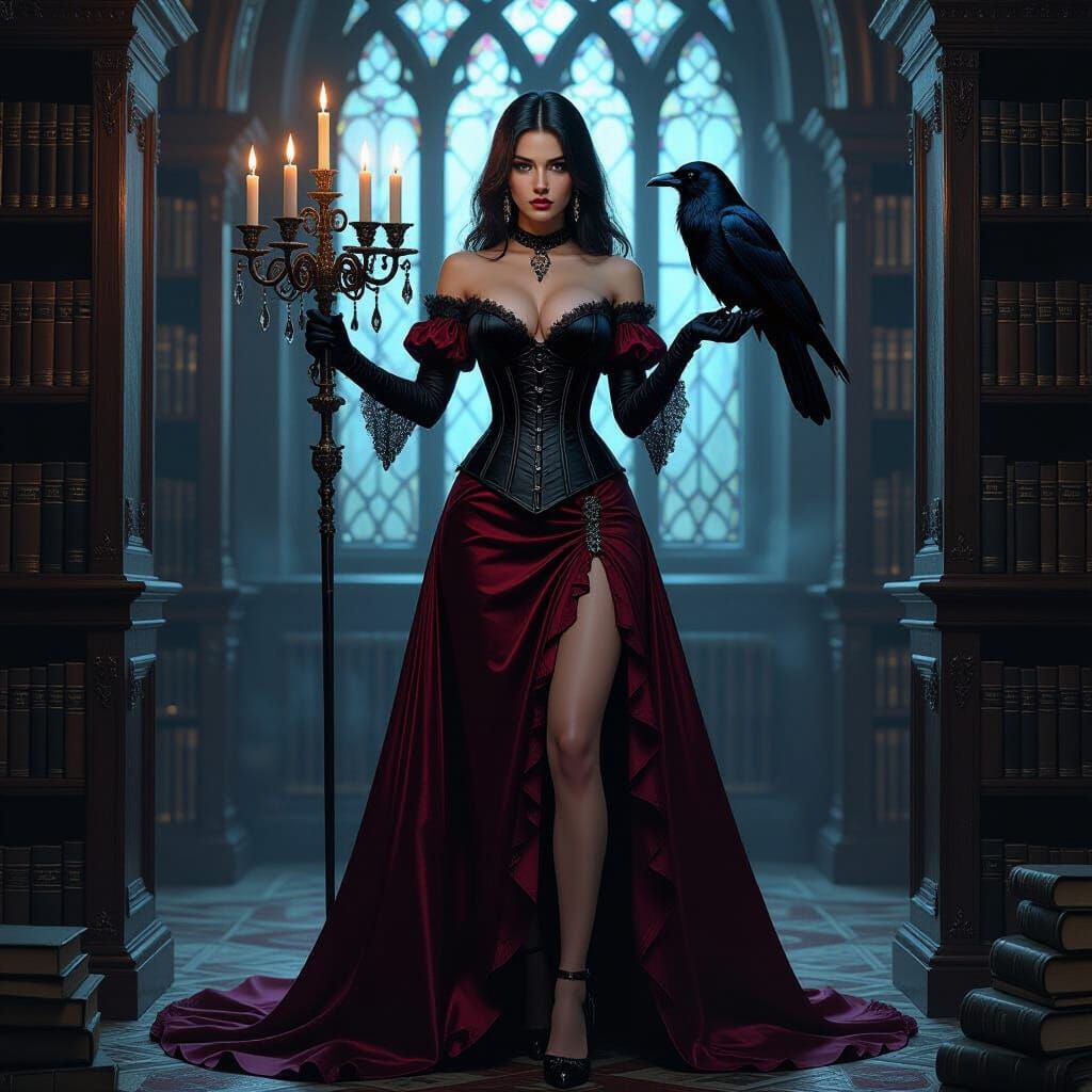 Gothic Woman with Raven and Candle