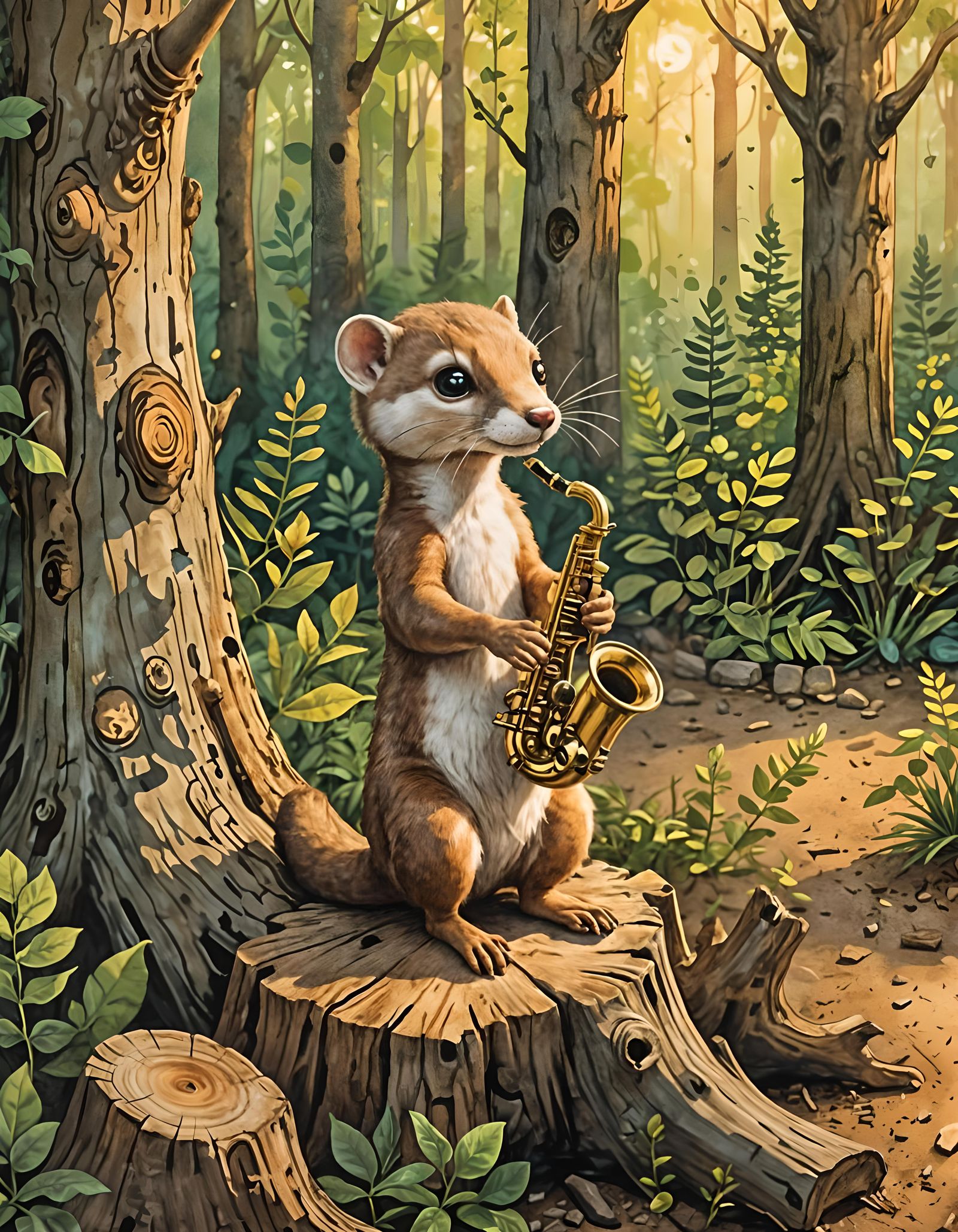 Saxophonist Weasel Illustration for Children's Book