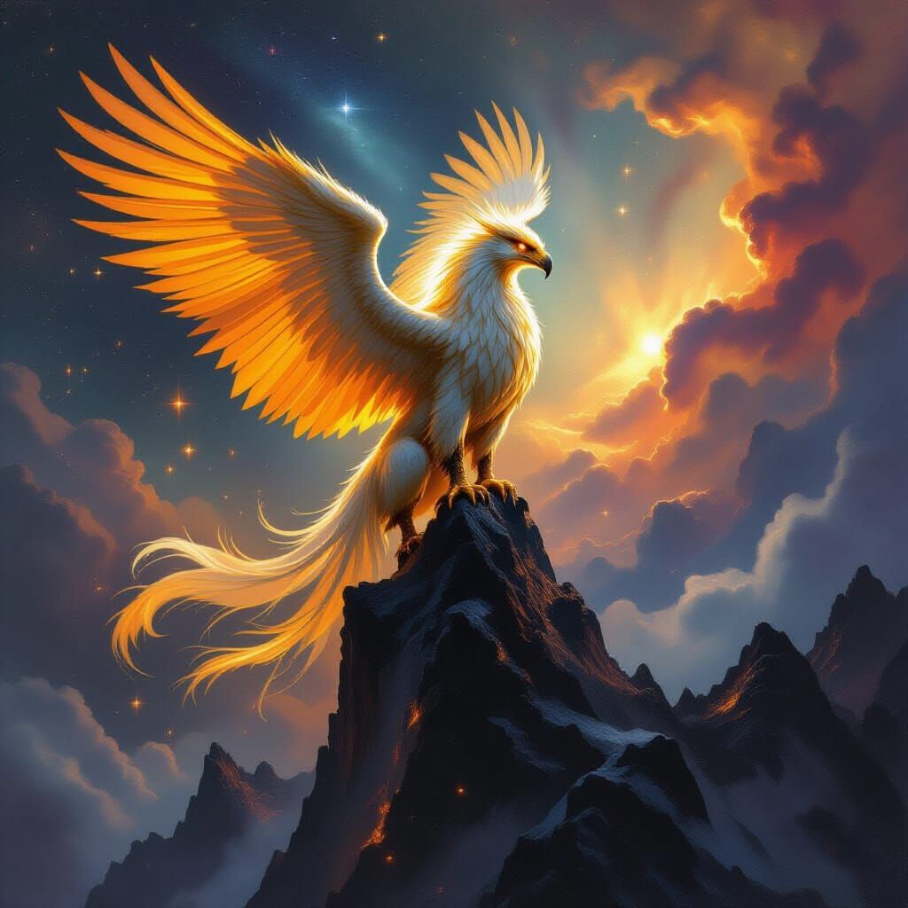 Majestic Griffin on Obsidian Peak Overlooking Nebula