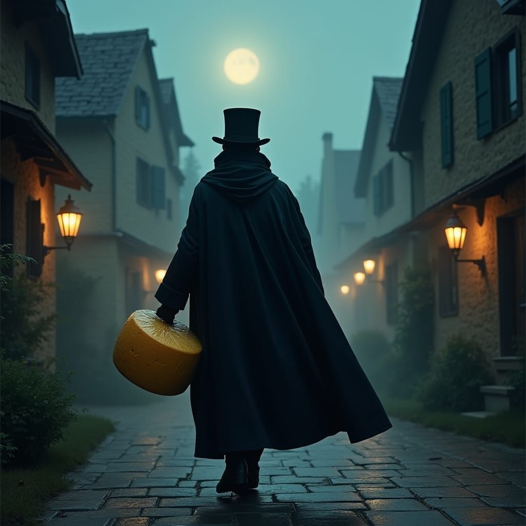 Cheese Thief in Moonlit Village: Digital Art