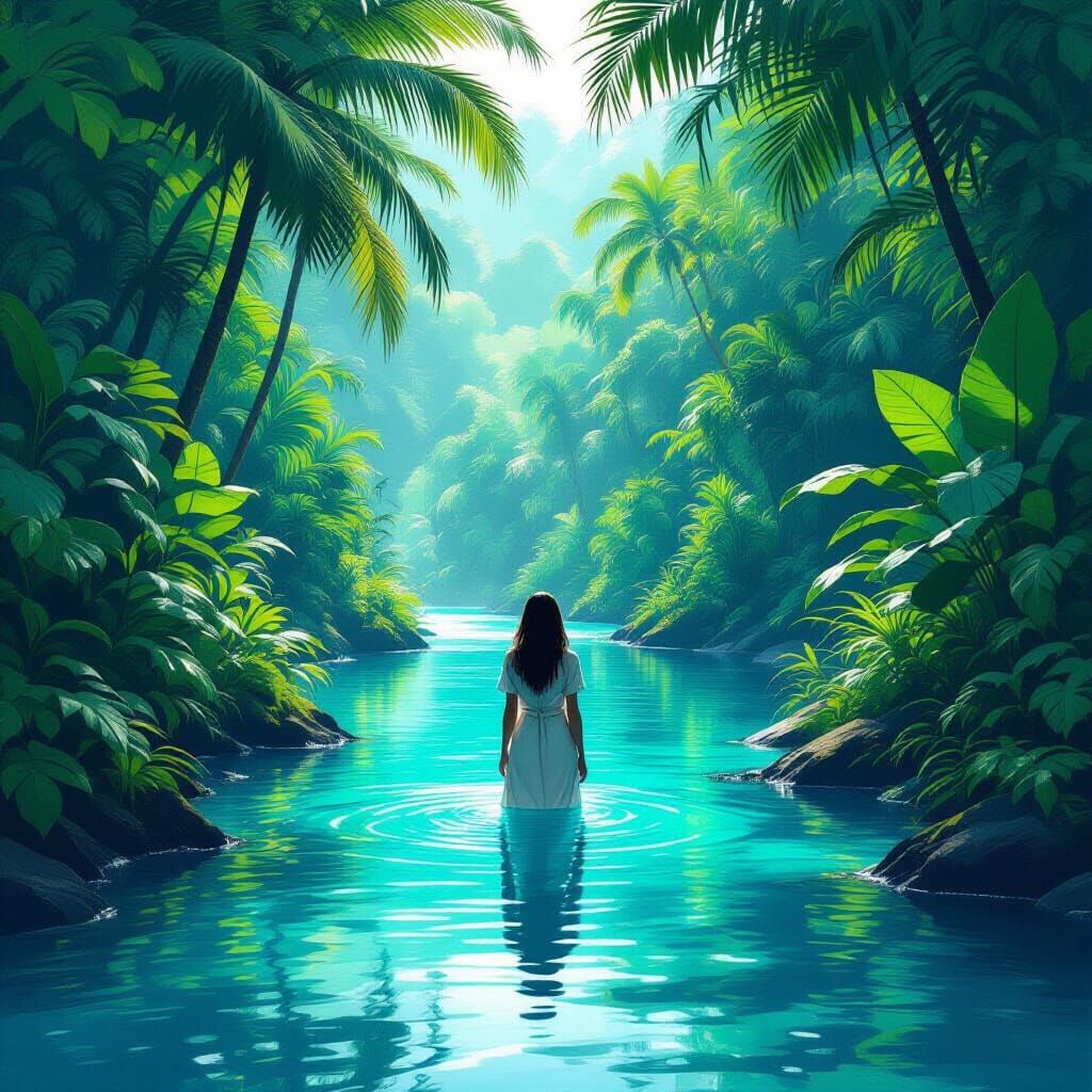 Serene Woman in Lush Tropical Jungle, Digital Art