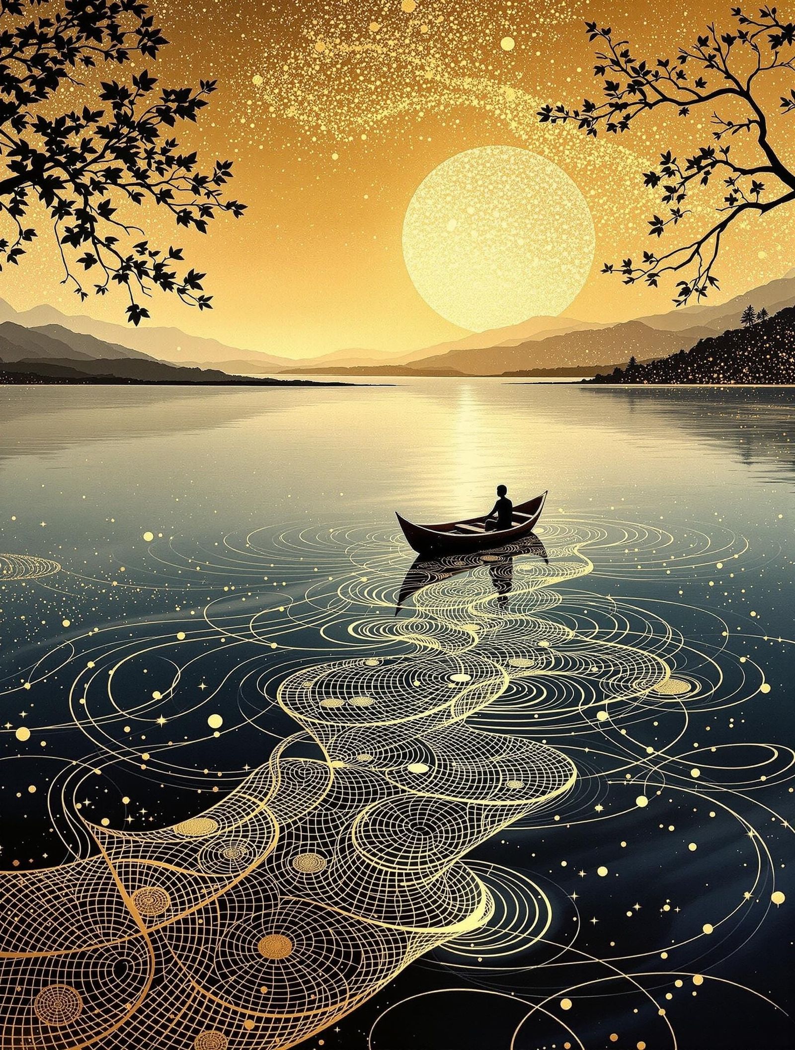 Serenely Adorned Boat Sails Across Sunset Lake in Masterful ...