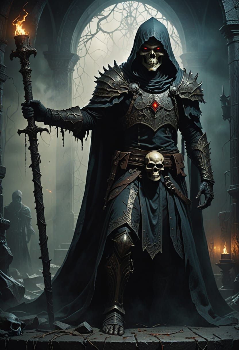 Dark Fantasy Sorcerer in a Haunting, Ominous Chamber