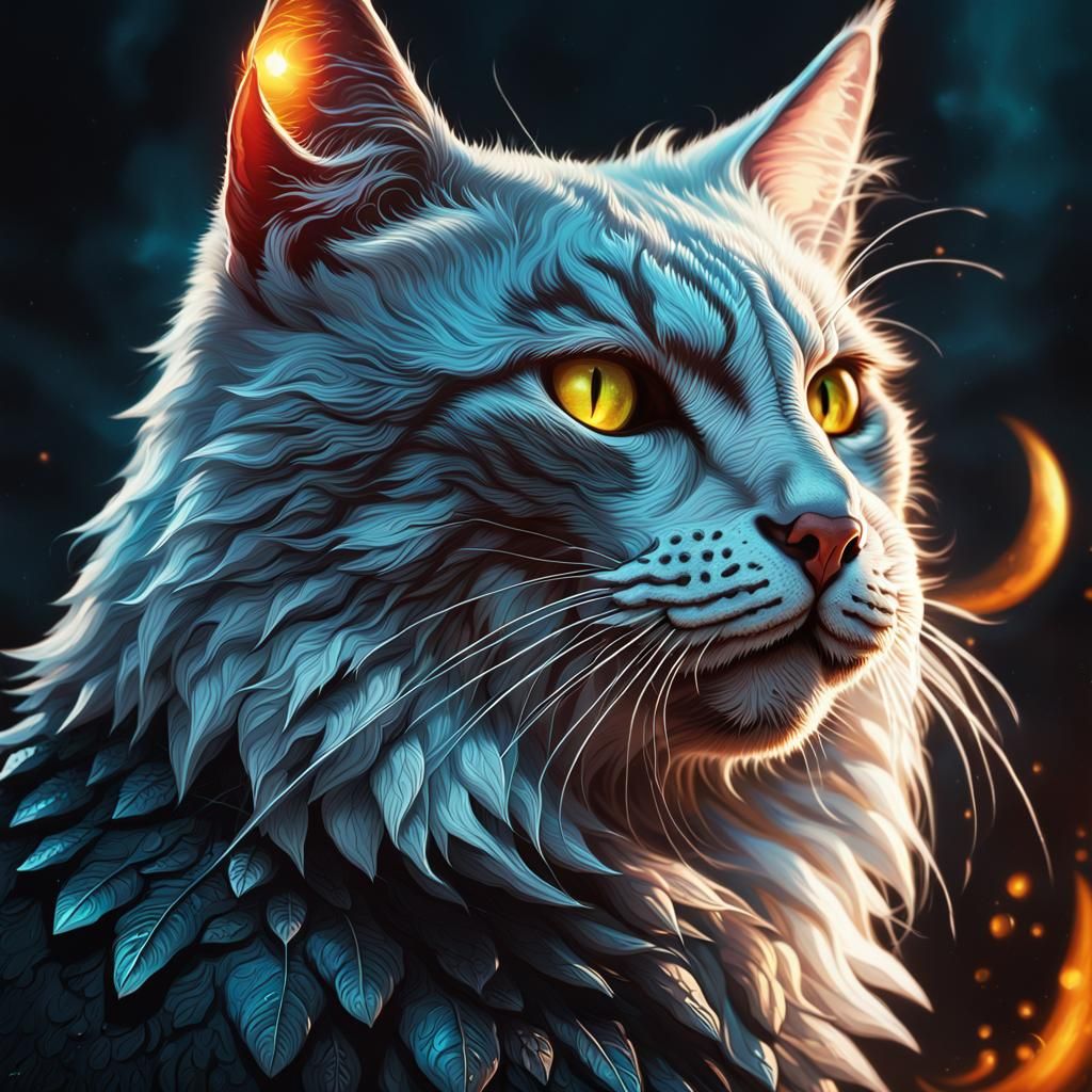 Demonic Winged Cat in Moonlight: Hyperrealistic Art