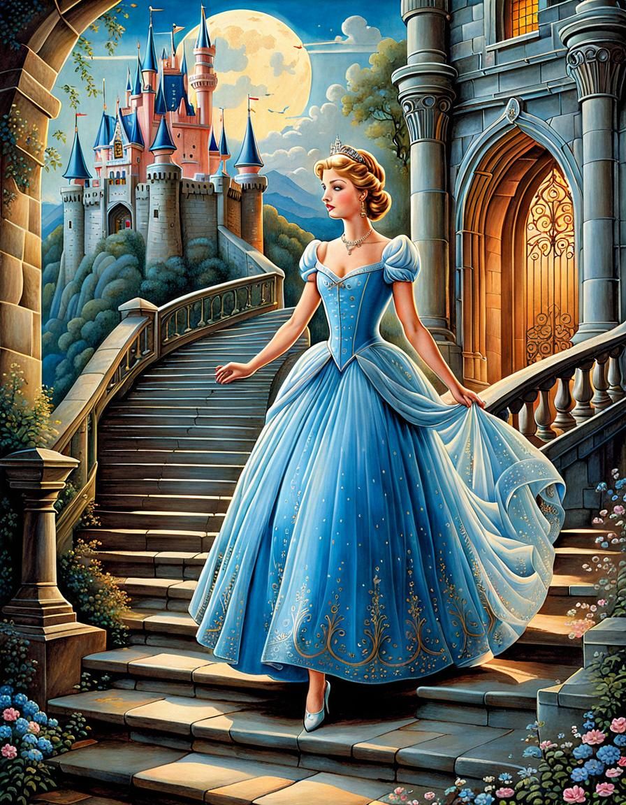 a vintage story book cover, Cinderella rushes out of the cas...