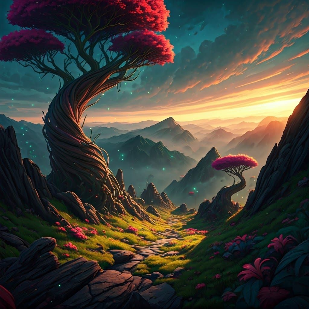 Dreamlike Landscape with Glowing Plants, Digital Matte Paint...
