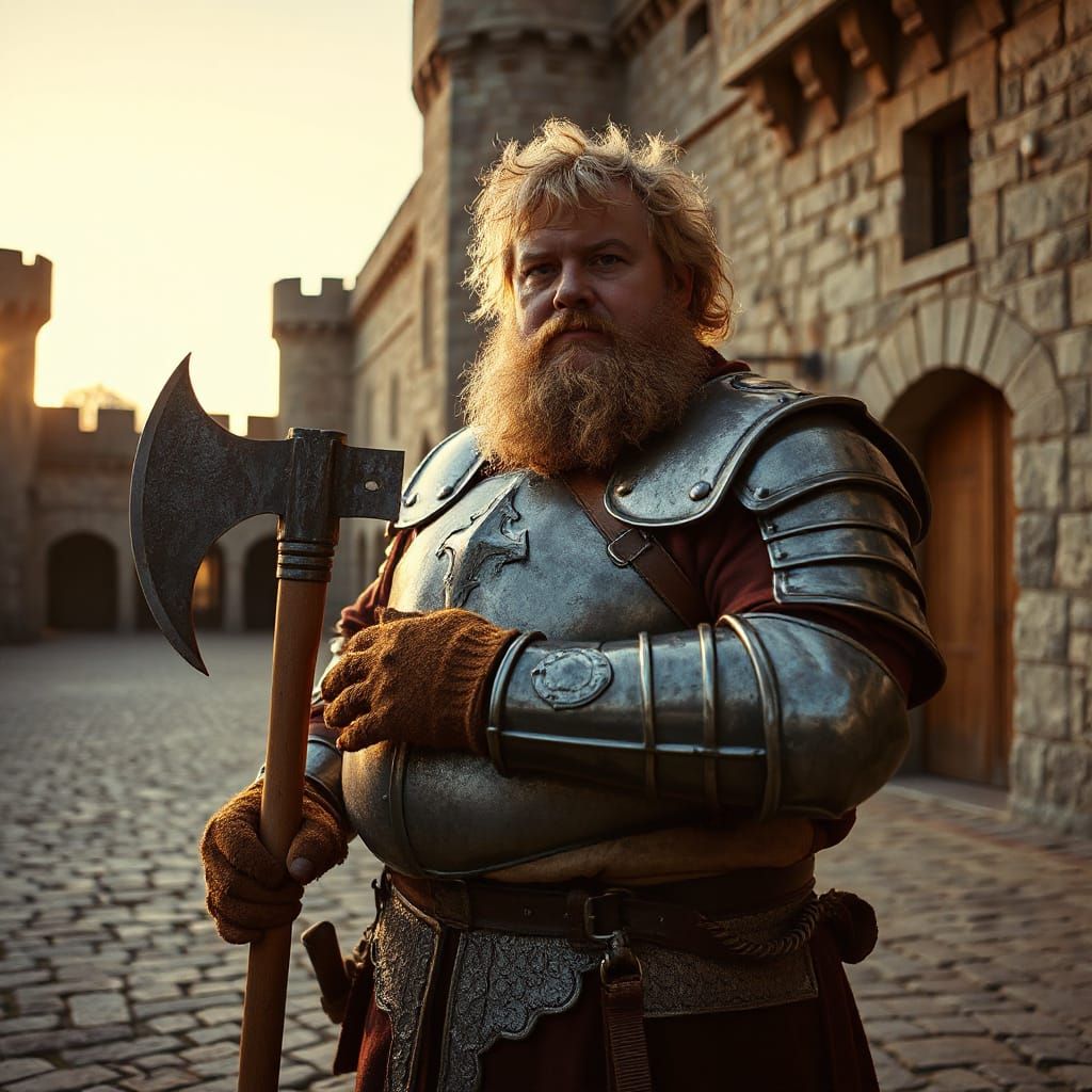 Medieval Knight Prepares for Battle in Grand Castle Courtyar...