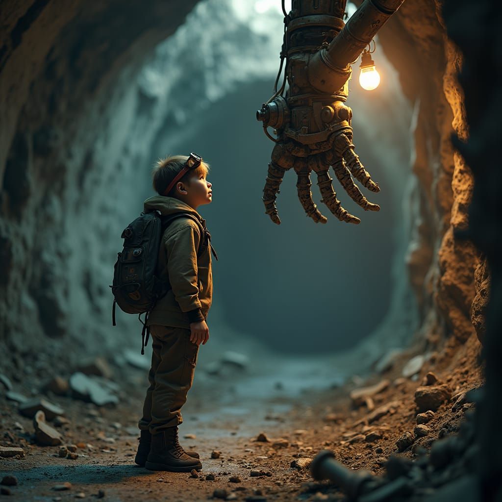 Boy and Robotic Arm in Post-Apocalyptic Sewer