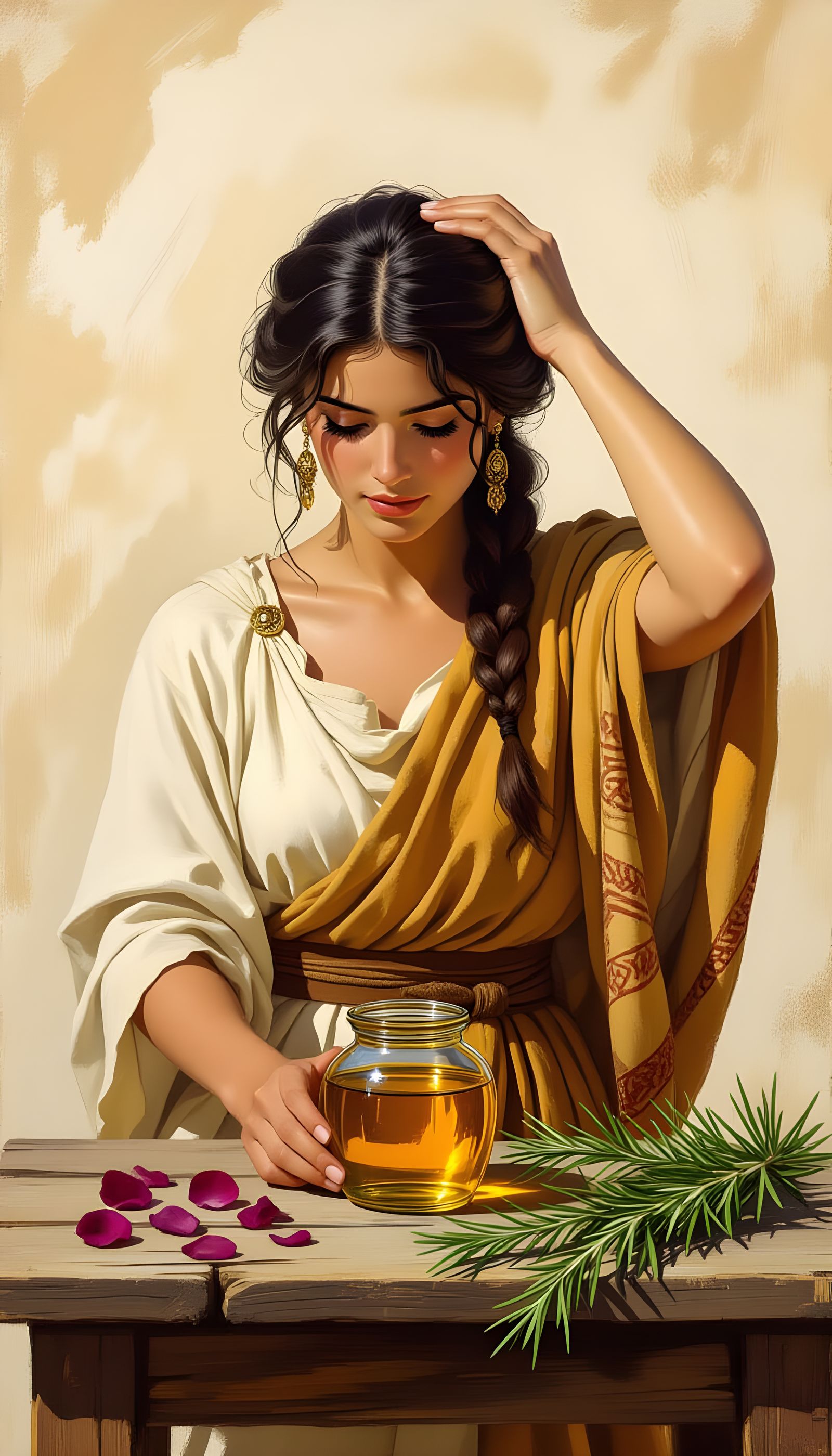 Greek Woman Massaging Scalp with Rosemary Oil