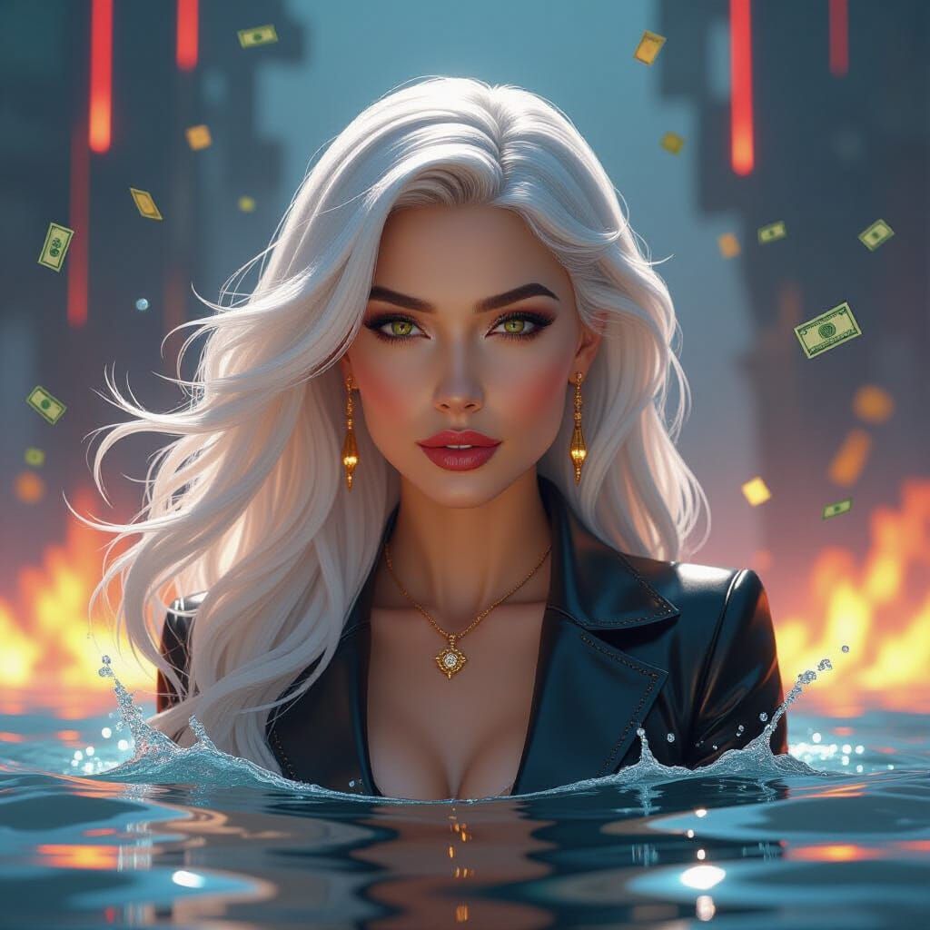 Pop Art Woman Water Bender with Explosive Colors and Neon Li...