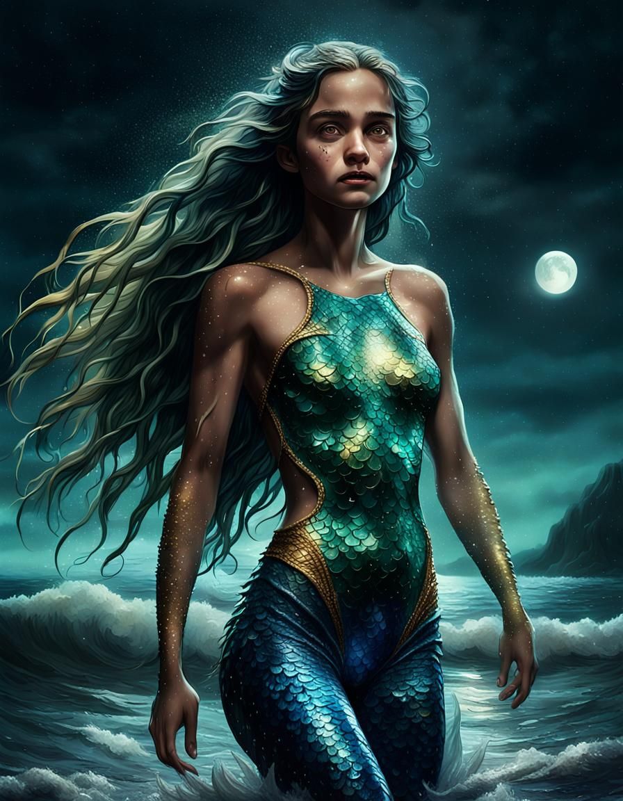 Mermaid Emerges from Dark Ocean: Digital Painting