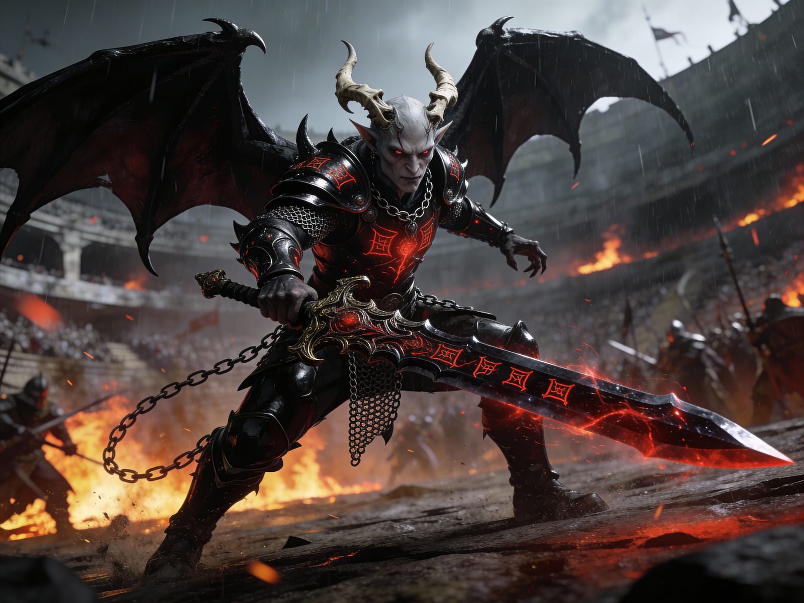 Tiefling Warrior in Obsidian Armor in Fiery Arena