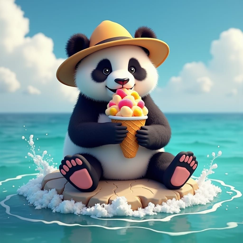 Cute Panda on the Beach Eating Ice Cream