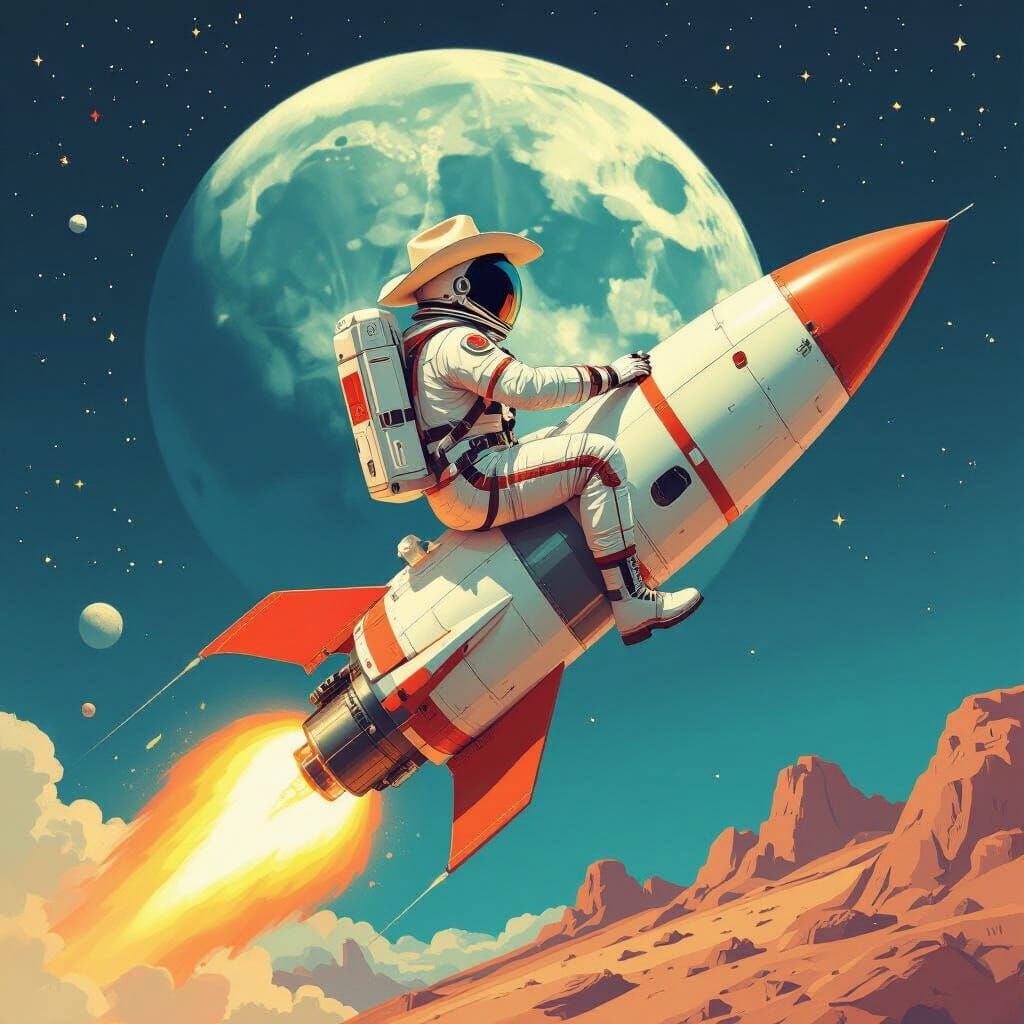 Astronaut Cowboy Launches to the Moon in Style