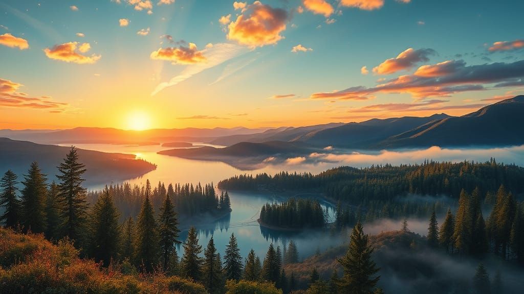 Surreal Landscape with Golden Sunset and Ethereal Mist