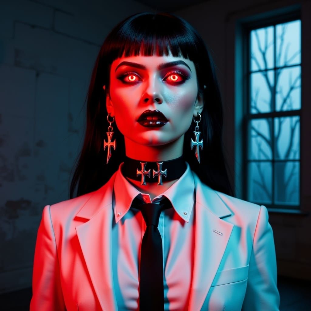 Vampire Woman with Red Eyes in Eerie Light