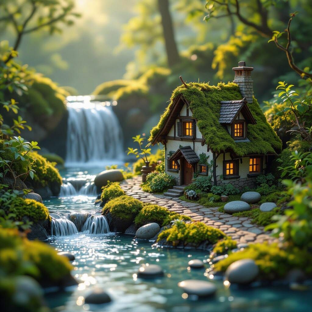 Miniature Village Diorama by Cascading Waterfall