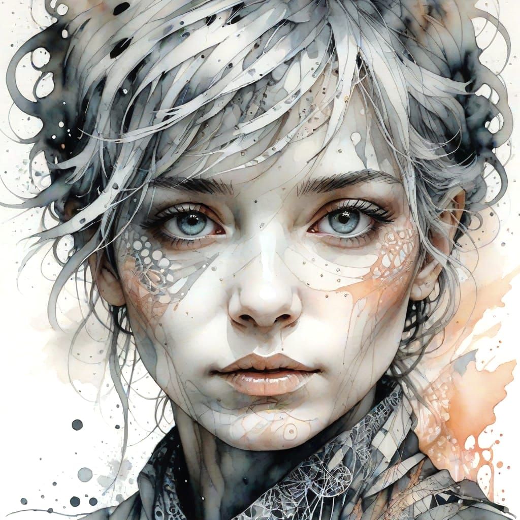 Ethereal Silver Haired Figure in Watercolor