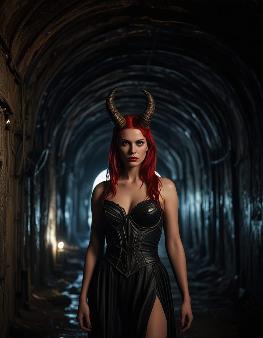 Dramatic Demon Lilith in Dark Tunnel, Cinematic Photography