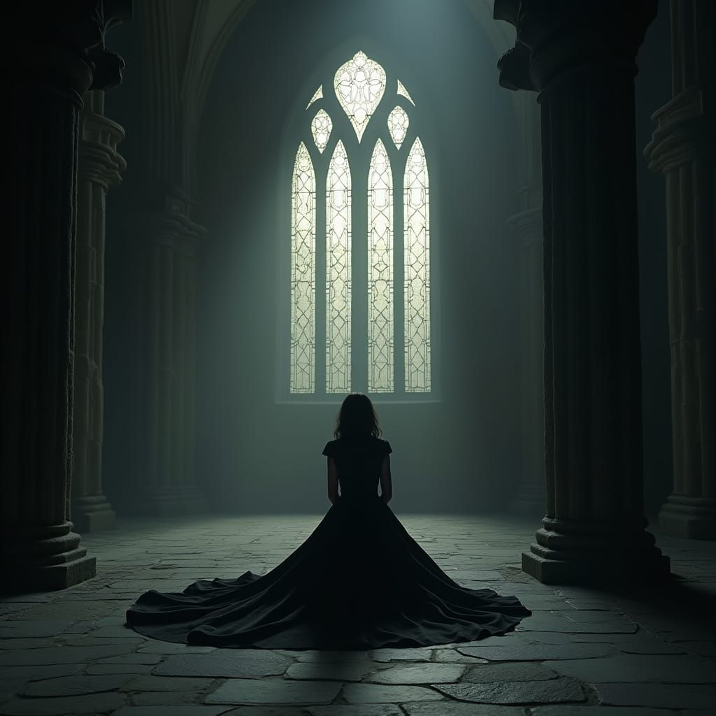 Lonely Girl in Cathedral: Dark Mystical Digital Art