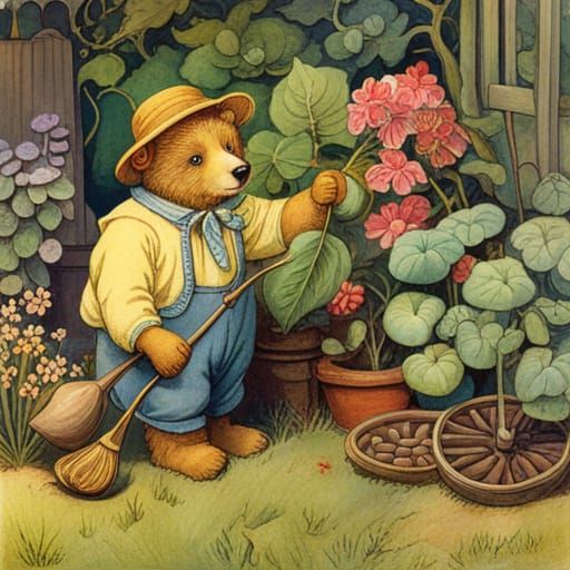 Teddy Bear Gardener, Botanical Illustration Style