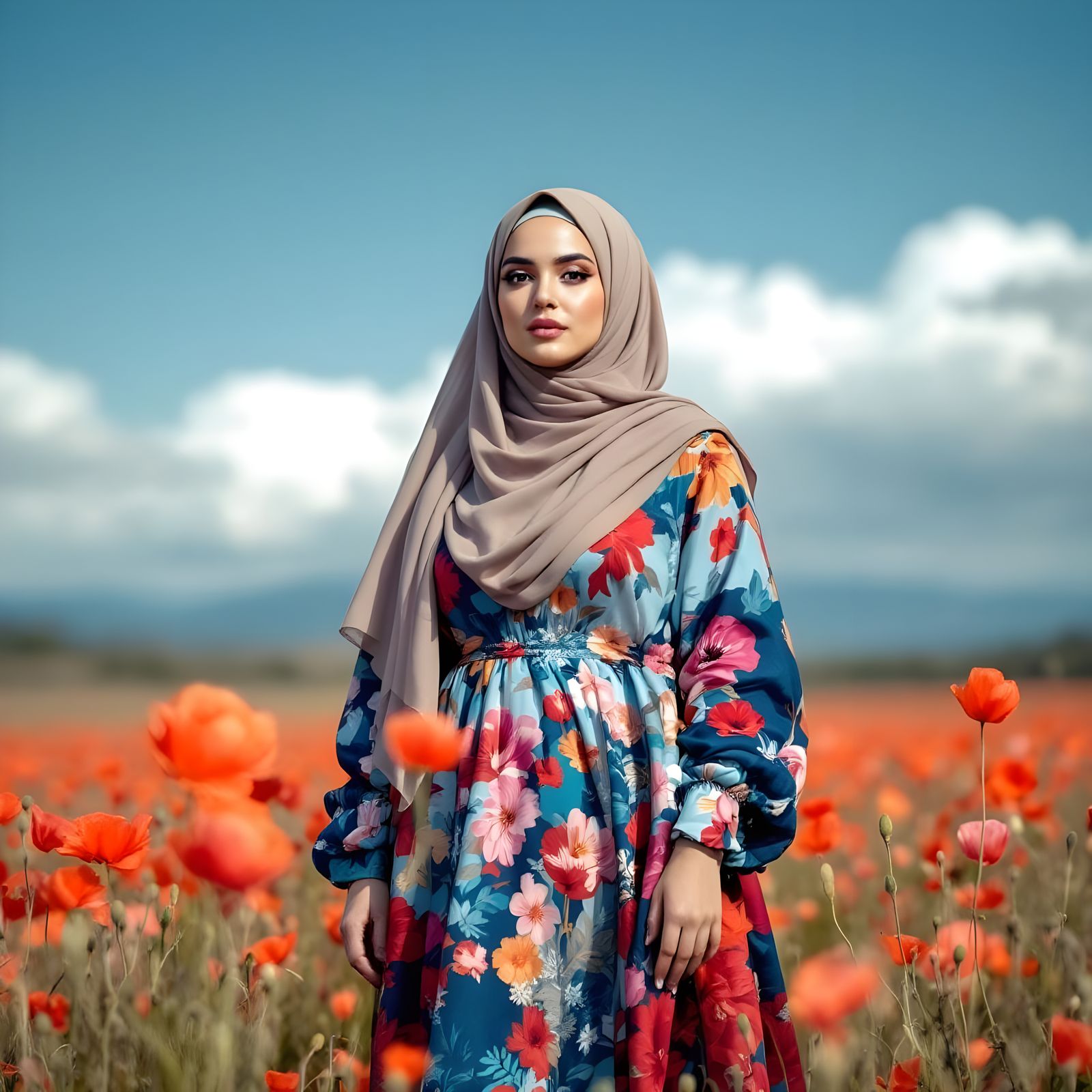 Curvy Woman in Hijab in Summer Landscape