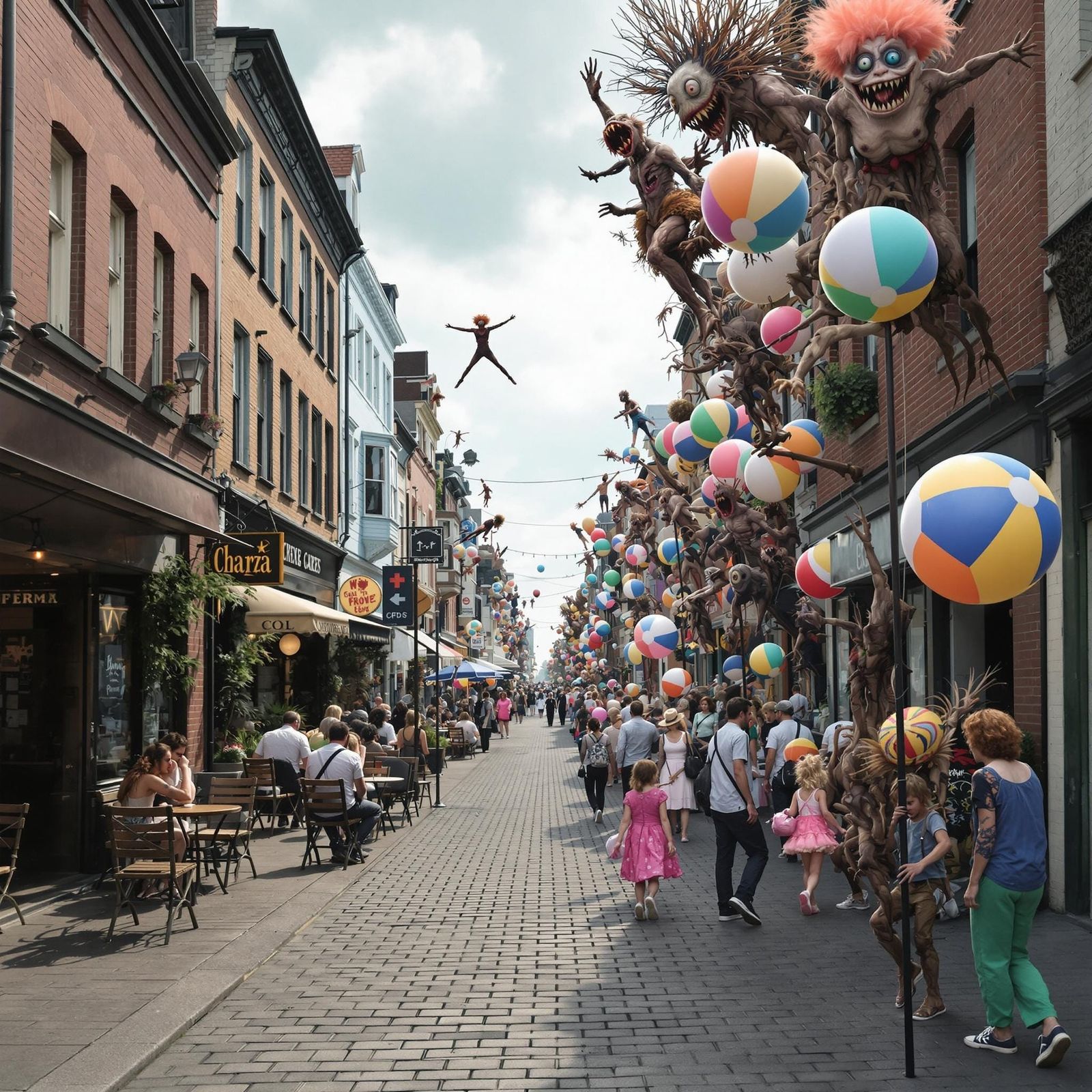 Surreal Street Scene with Normal and Strange Elements