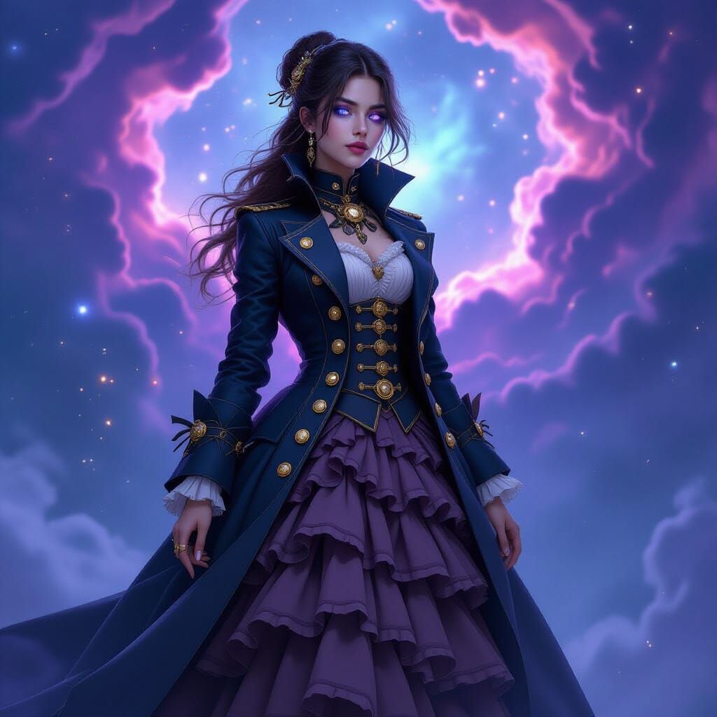 Clockwork Woman Amidst Nebula, Baroque Cosmic Fantasy