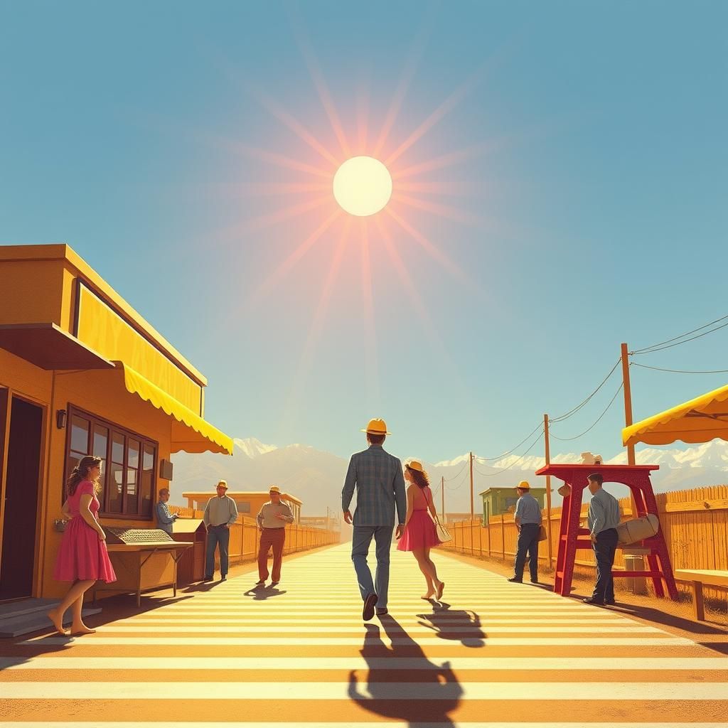 Whimsical Scene in Wes Anderson Style with Sunshine