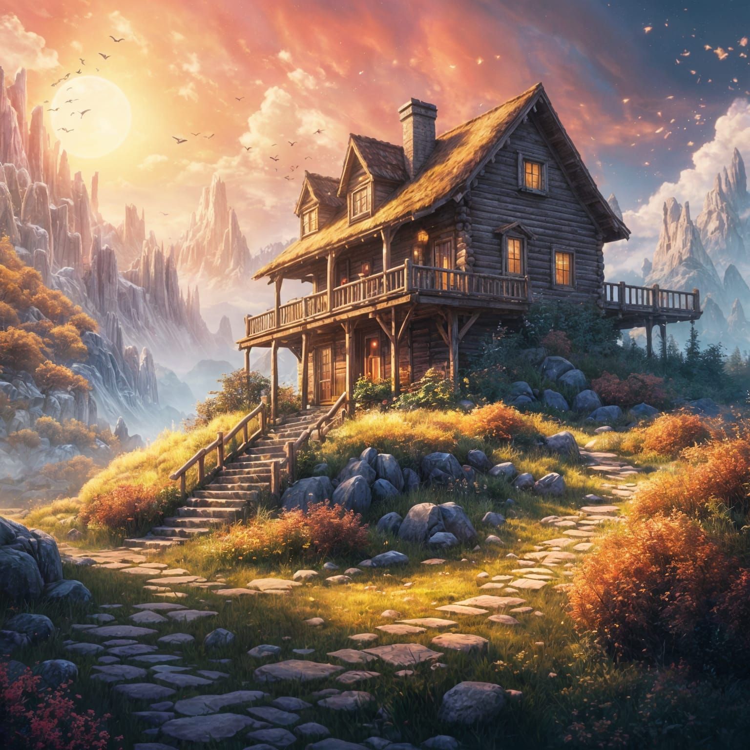 Surreal Skybound Cabin Concept Art in Warm Colors