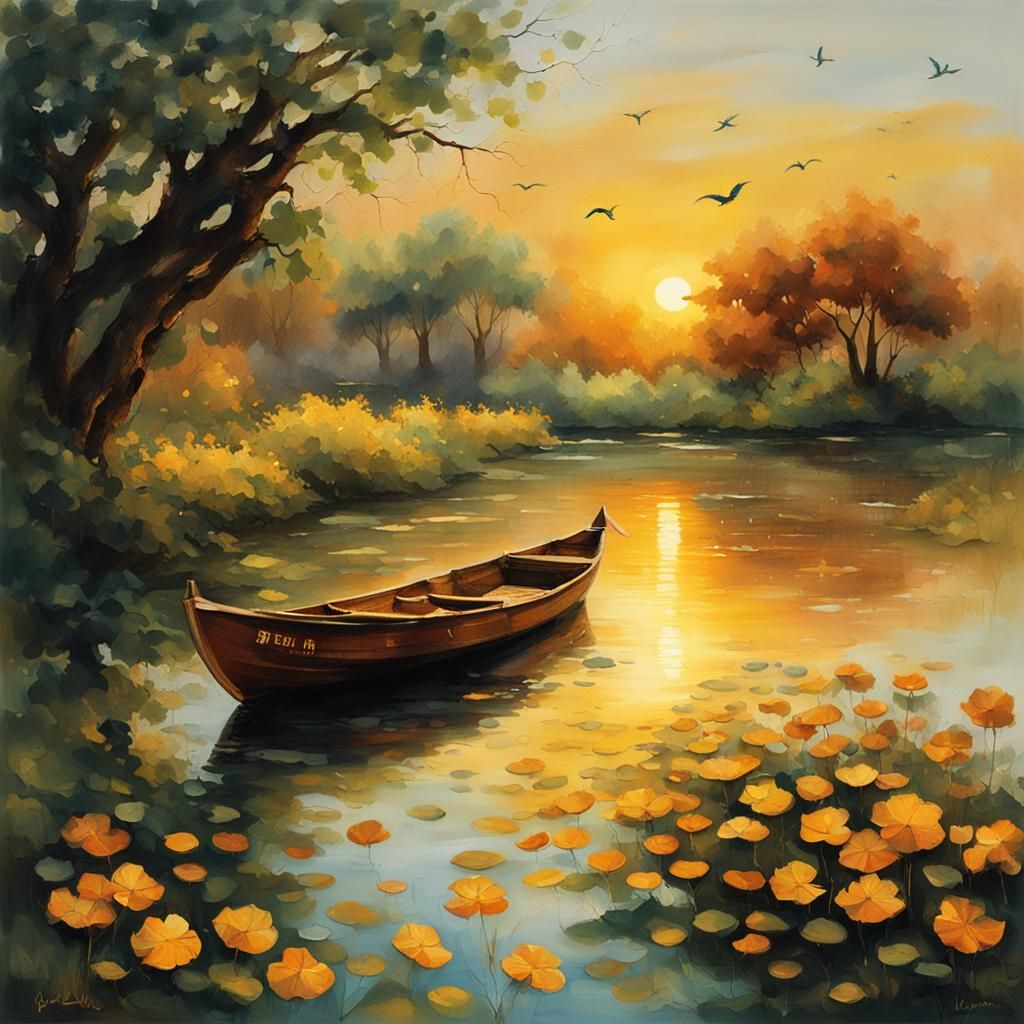 Enchanting Sunset Lake Scene in Abstract Vector Style