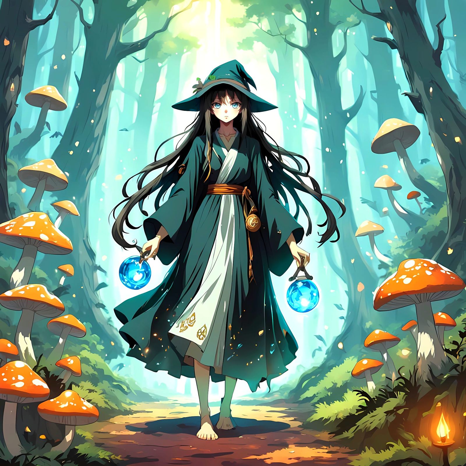 Anime Witch in Mystical Forest Clearing
