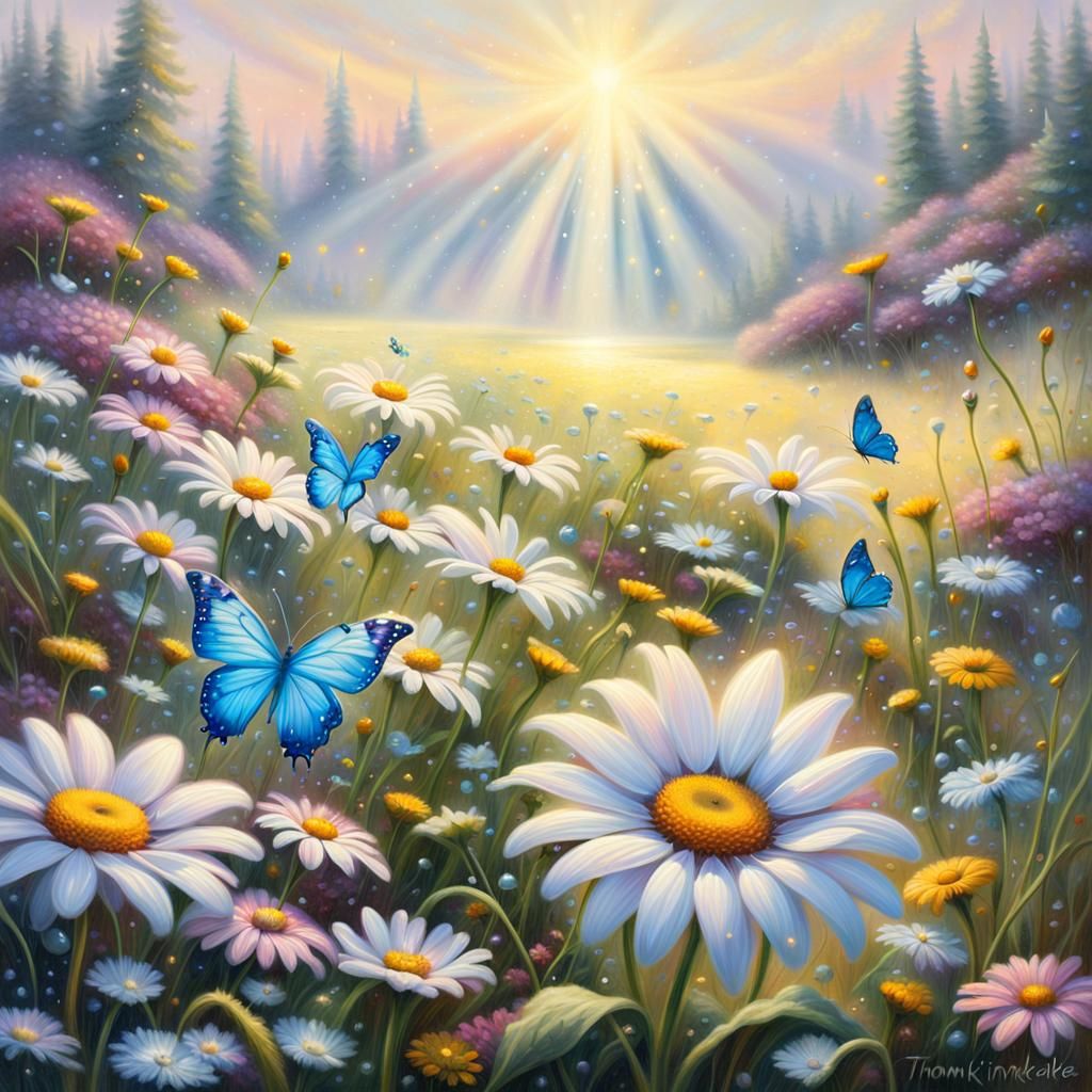 Glowing Daisy Attracts Butterflies in Ethereal Meadow
