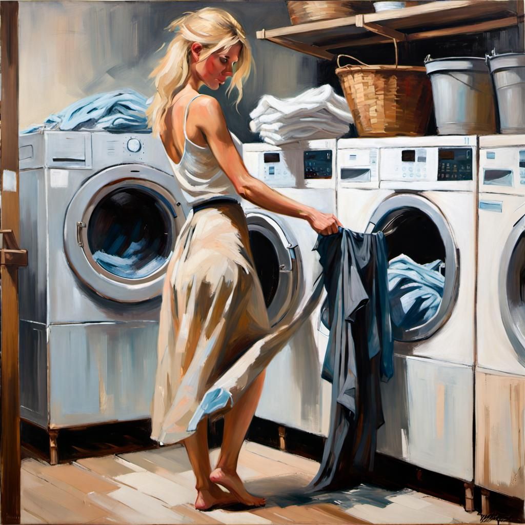Woman in Laundry Room: Acrylic Painting