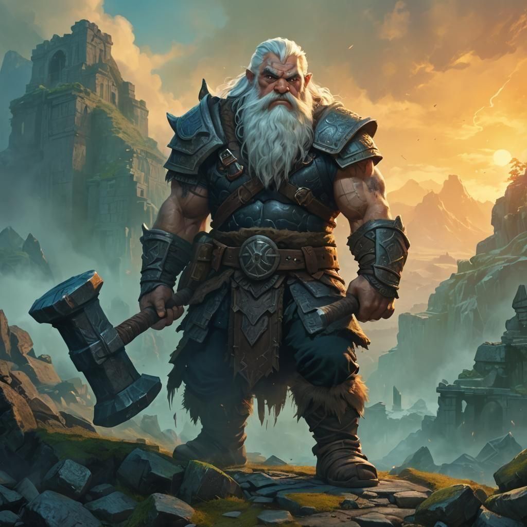 Dwarf Barbarian in Ancient Ruins: Digital Art
